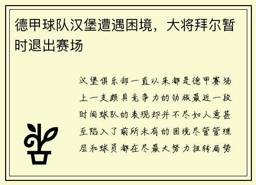 德甲球队汉堡遭遇困境，大将拜尔暂时退出赛场